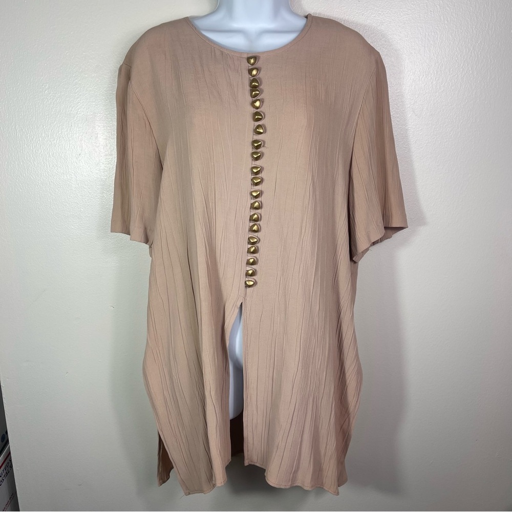 Vintage 90s Whimsigoth Crinkle Plissé Tunic Top • Earthy Neutral Boho Gold Acce